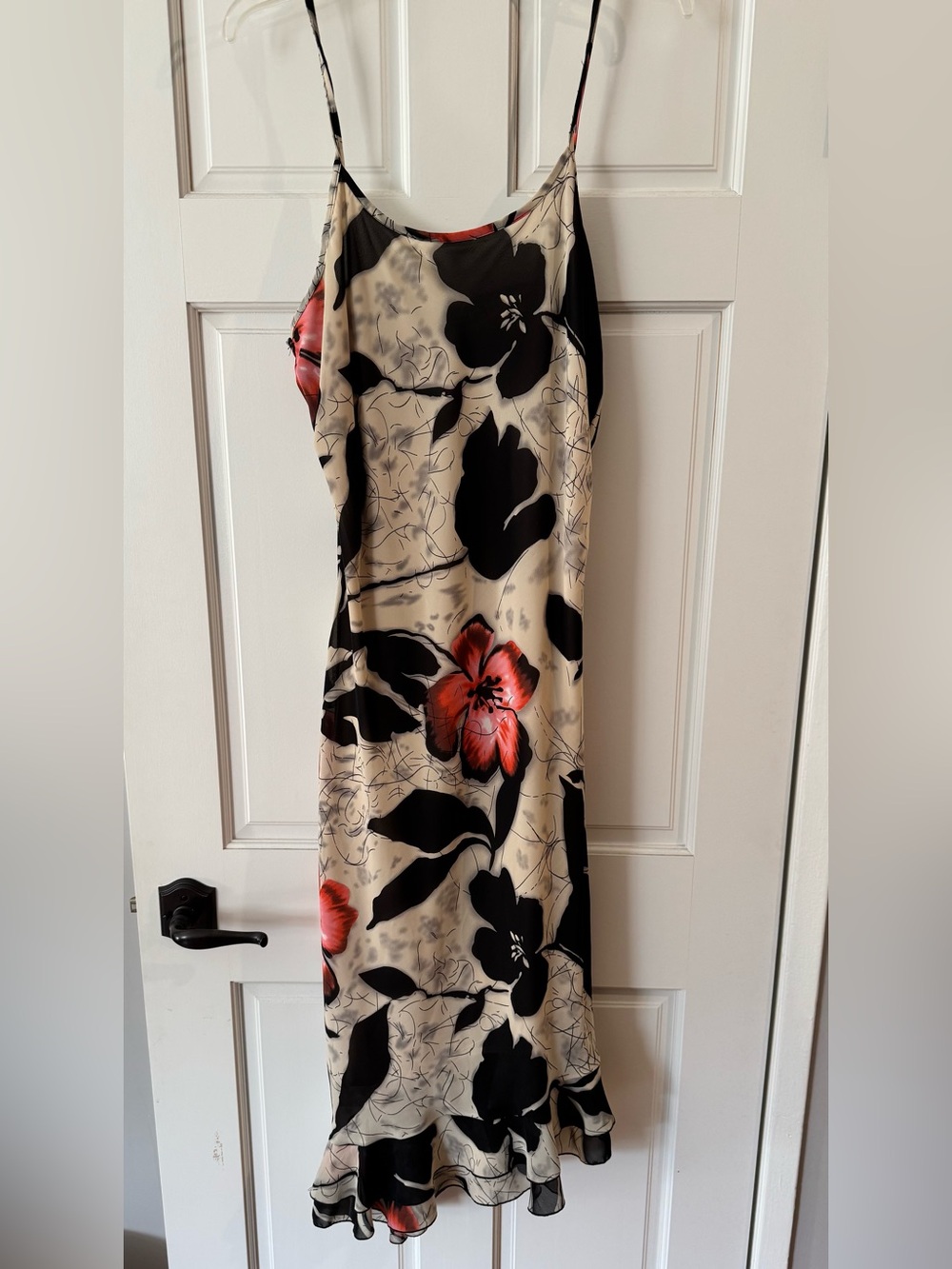 Spaghetti Straps Slip Maxi Dress in Cream with Black & Red Flowers
